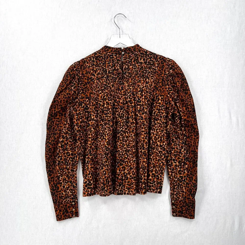 ULLA JOHNSON Vesna Blouse Womens 4 Brown Black Leopard Print Cotton Puff Sleeve